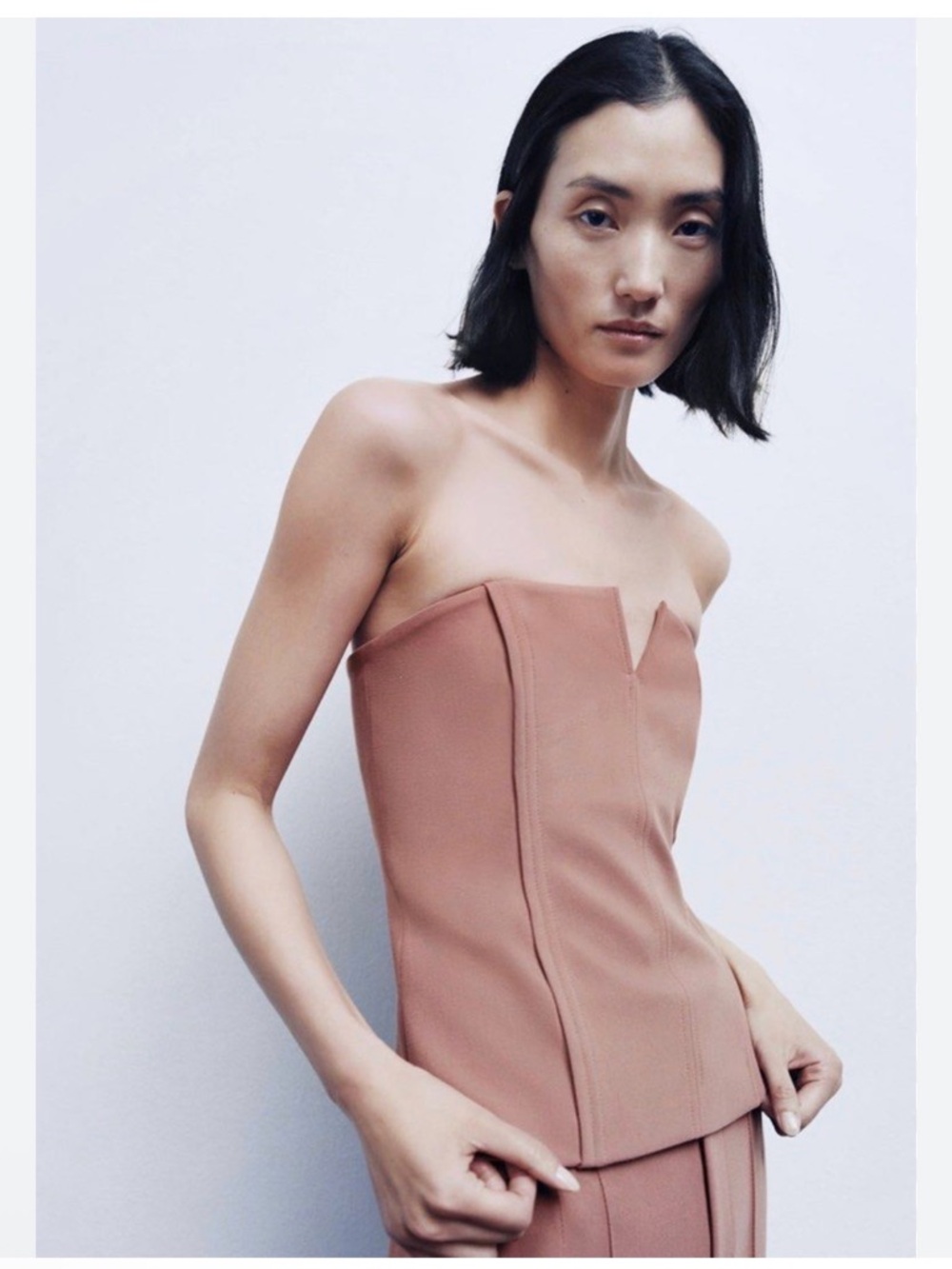 Zara Tailored Strapless Bustier Top in Warm Tan